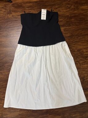 Zara Black and White Strapless Two-Tone Maxi Dress with pockets